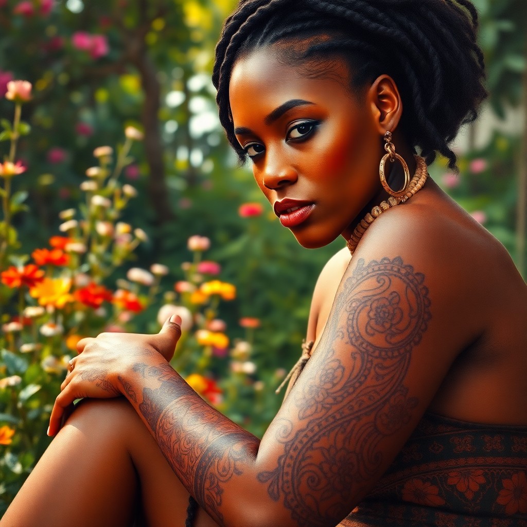 AI generated art for prompt: Craft a hyper-realistic oil painting portrait of a Caribbean woman with intricate henna tattoos on h