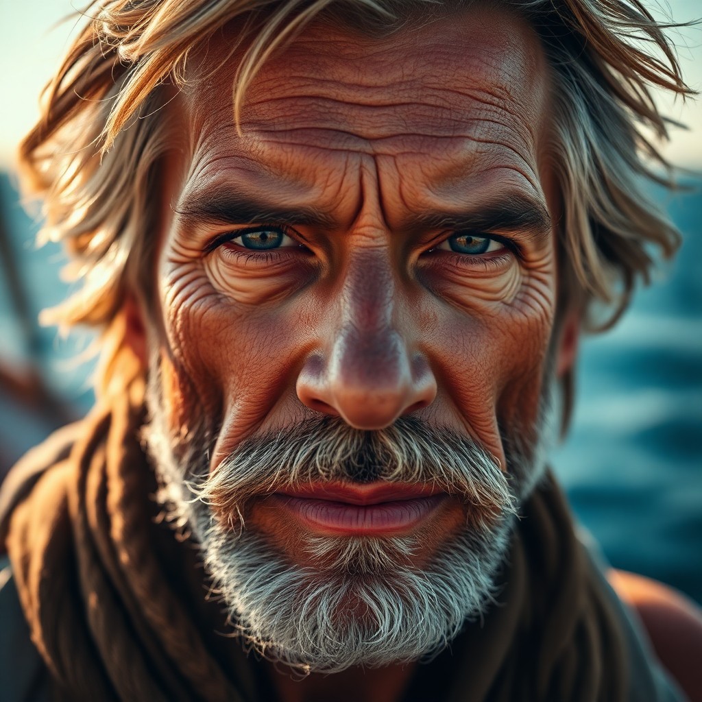 AI generated art for prompt: Envision a portrait of an experienced sailor, their weathered skin bearing testament to years at sea