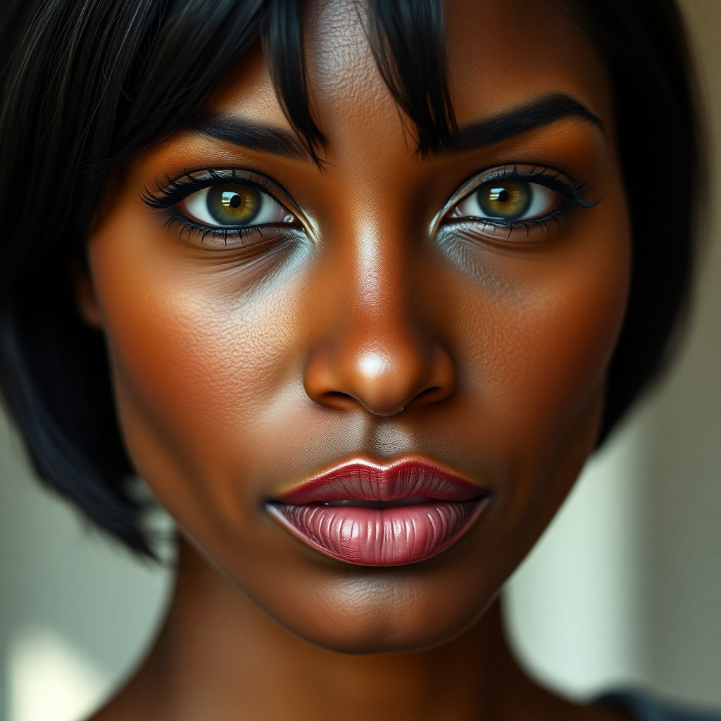 AI generated art for prompt: This hyperrealistic portrait captures a late 30s African-American woman with warm brown skin, high c