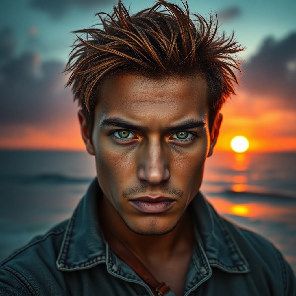 AI generated art for prompt: A captivating hyperrealistic portrait showcases a young Polynesian man with striking emerald eyes an