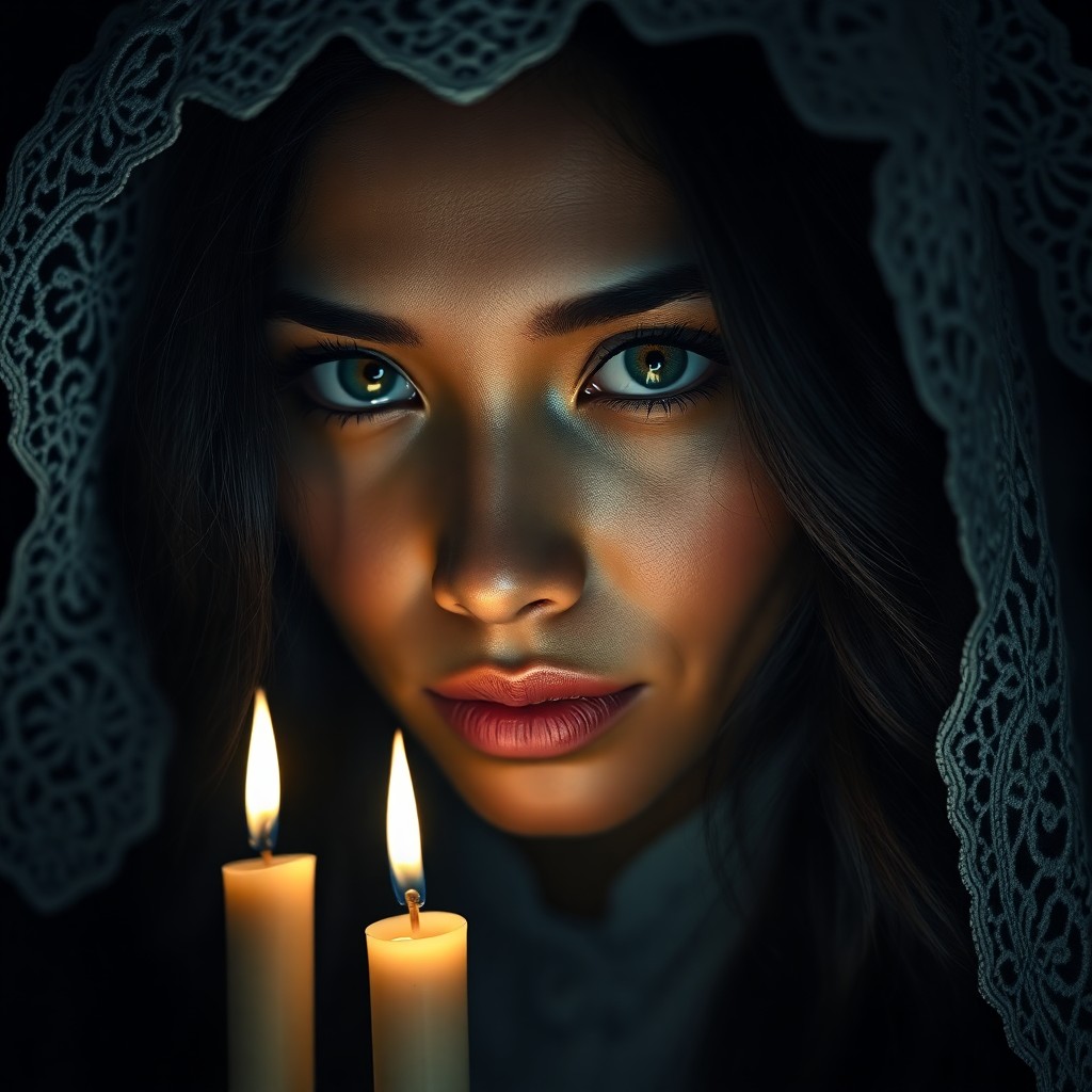 AI generated art for prompt: Craft a superrealistic chiaroscuro portrait of a Micronesian woman with deep emerald eyes and raven 