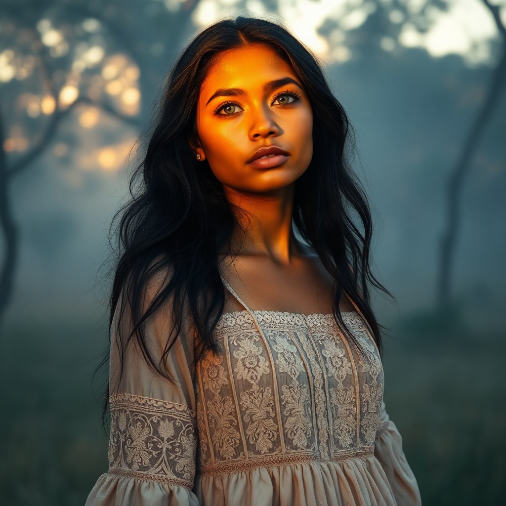 AI generated art for prompt: A portrait of a young Aboriginal woman with ethereal green eyes and raven-black hair flowing to her 