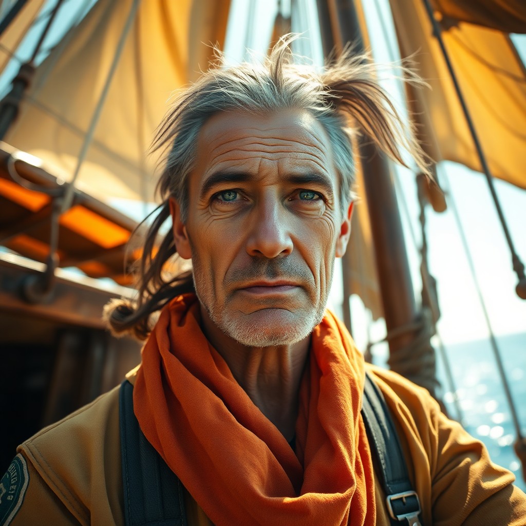 AI generated art for prompt: Imagine a captivating portrait photo of an experienced sailor with misty blue eyes, rugged facial fe