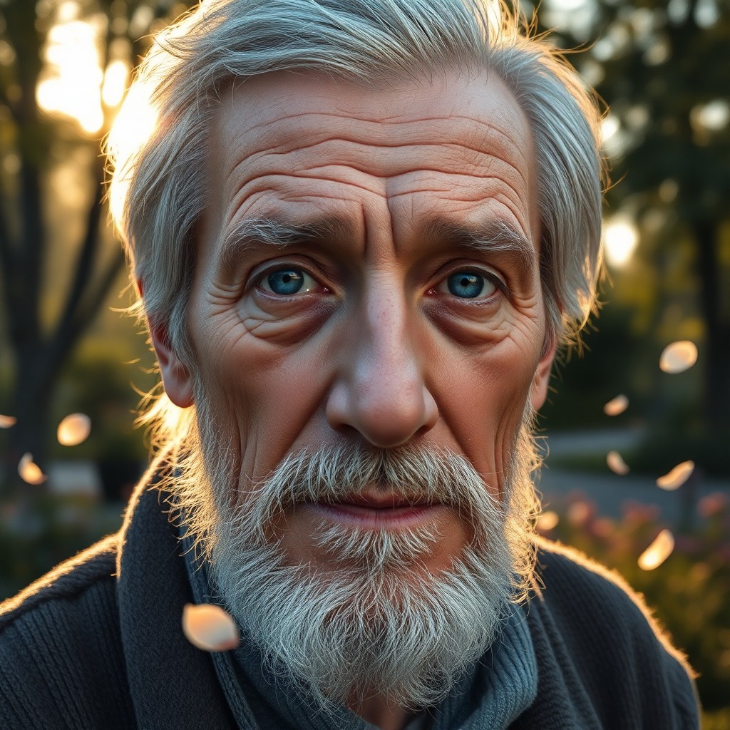 AI generated art for prompt: Craft a photorealistic portrait of an elderly Eastern European man with serene blue eyes and graying