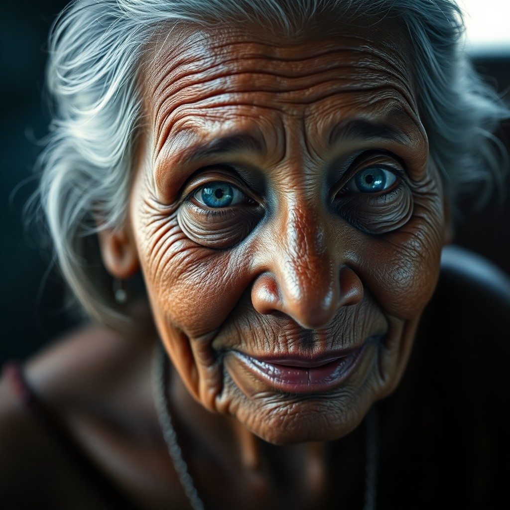 AI generated art for prompt: Imagine a captivating portrait of an elderly Melanesian woman with wise, piercing blue eyes and silv