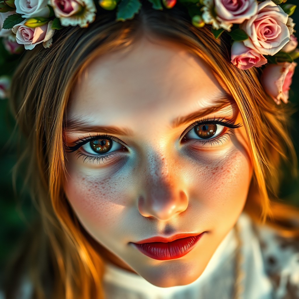 AI generated art for prompt: A mesmerizing portrait photograph showcases a young Caucasian woman with captivating amber eyes and 