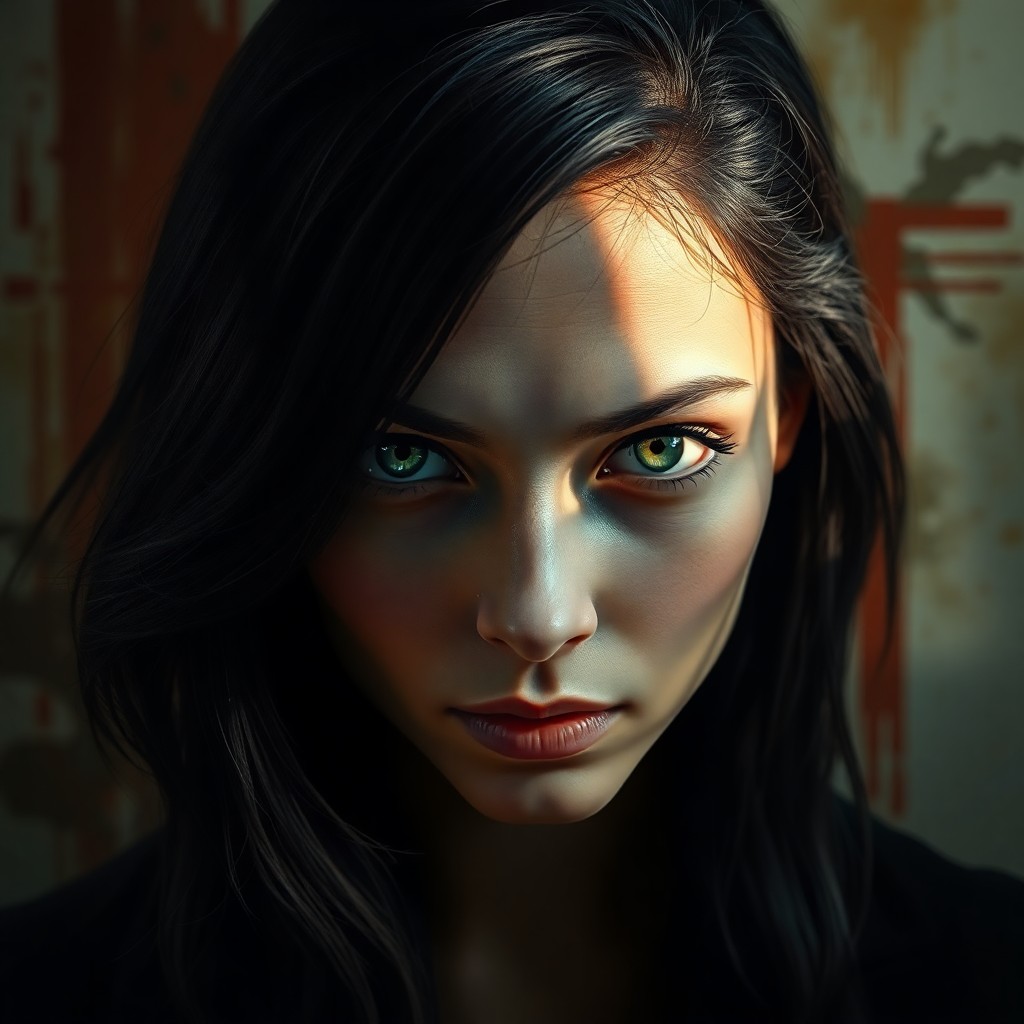 AI generated art for prompt: Envision an ultrarealistic portrait of a captivating enigma with gentle green eyes and lush dark hai