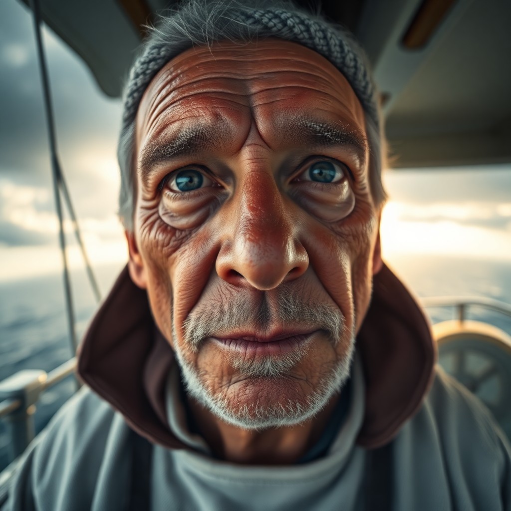 AI generated art for prompt: Craft an ultrarealistic high-resolution portrait of a seasoned sailor, his face marked by years at s