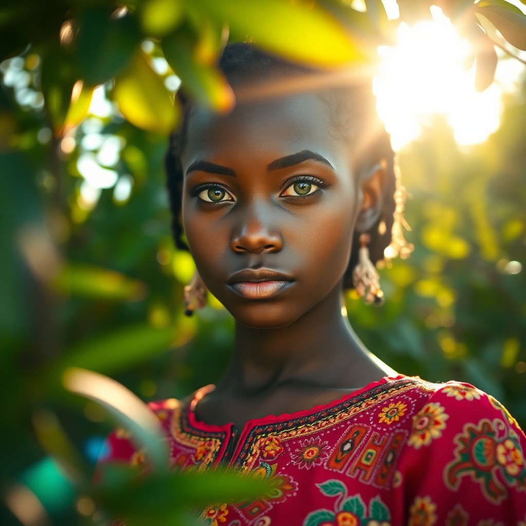 AI generated art for prompt: A captivating photorealistic portrait showcases a young African woman with mesmerizing green eyes. S