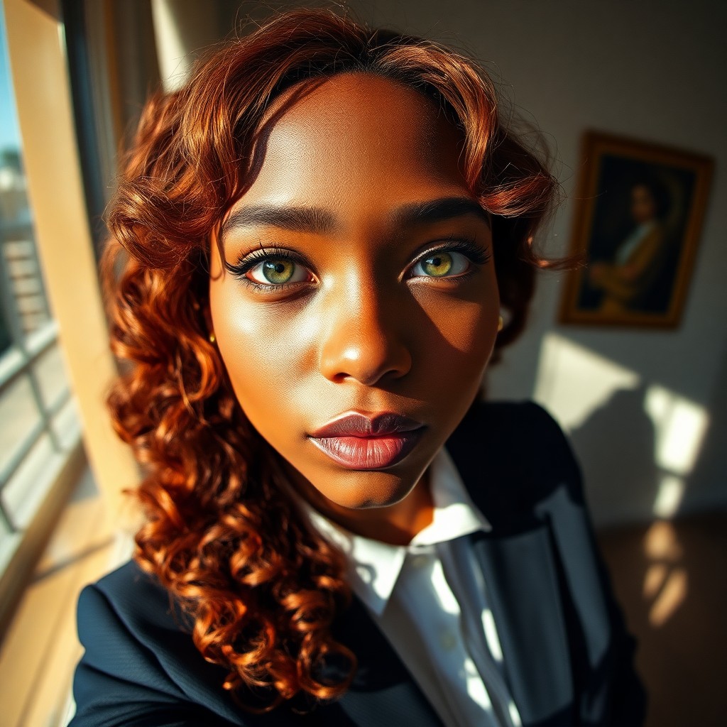 AI generated art for prompt: Envision a captivating portrait of a young Sub-Saharan African woman with distant green eyes framed 