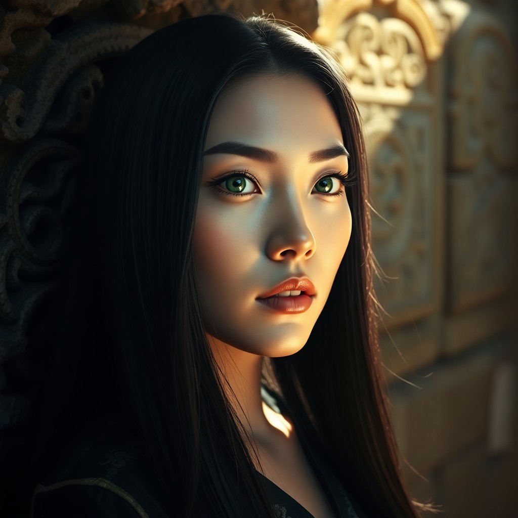 AI generated art for prompt: Craft a hyperrealistic portrait akin to fine art photography, depicting an enigmatic East Asian woma