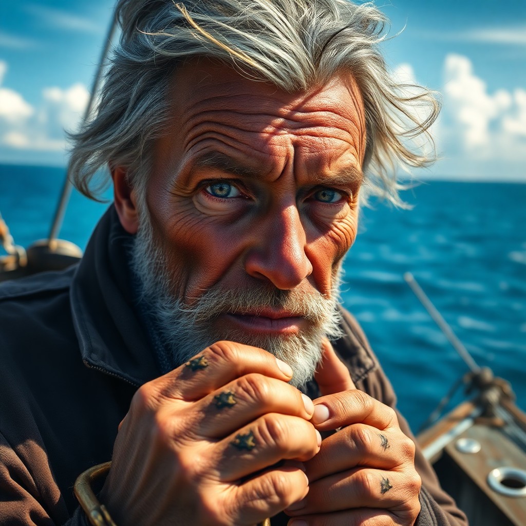 AI generated art for prompt: A highly detailed close-up portrait showcases a weathered fisherman with leathery skin, his years on