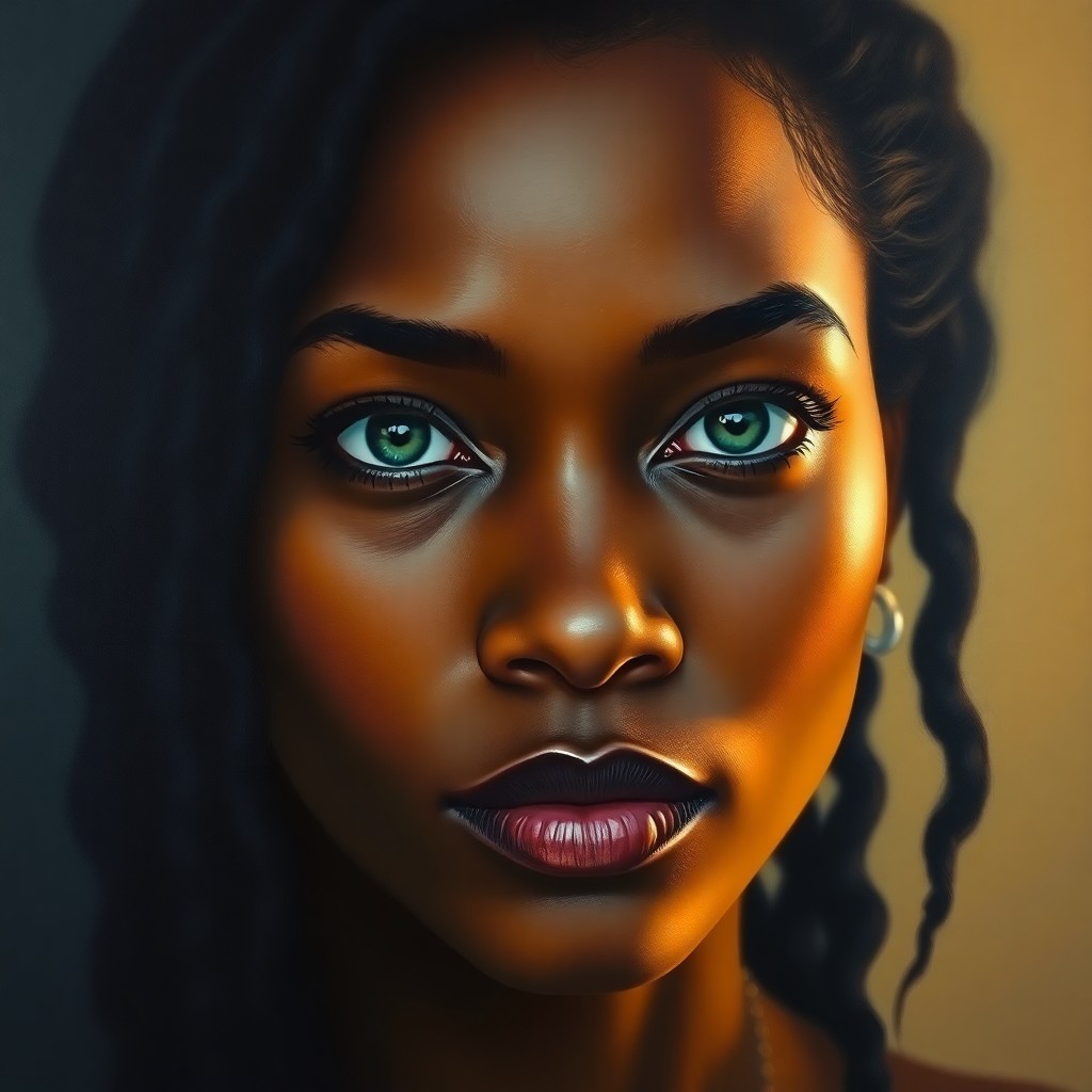 AI generated art for prompt: Craft a photorealistic portrait reminiscent of an oil painting, depicting a Caribbean woman with ser