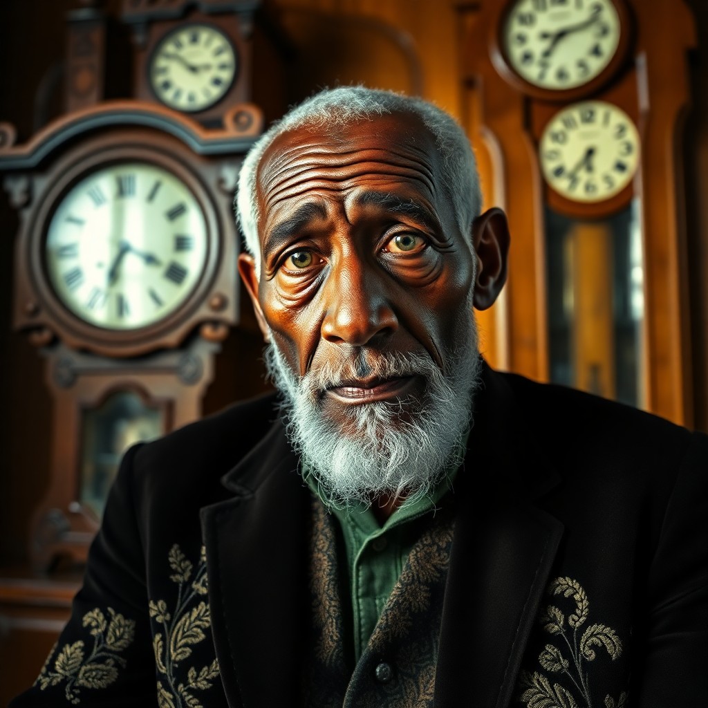 AI generated art for prompt: Envision a photorealistic portrait photograph capturing an elderly Caribbean man with piercing green