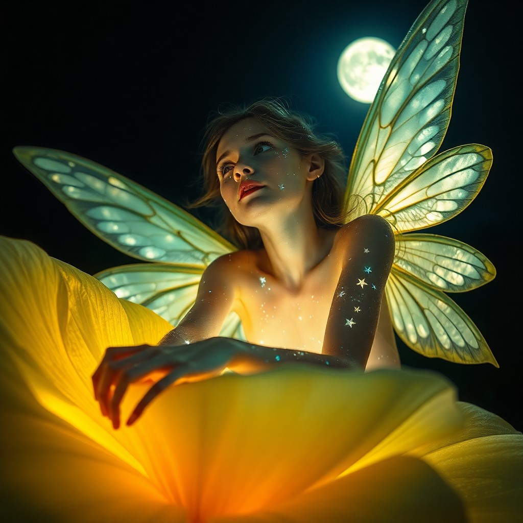 AI generated art for prompt: Visualize a DSLR portrait capturing the ethereal essence of a celestial fairy, her luminescent wings