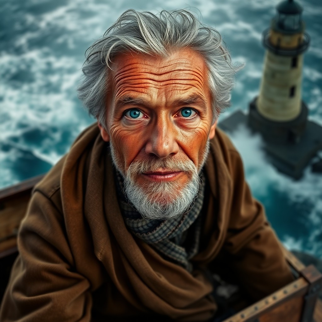 AI generated art for prompt: Craft a photorealistic portrait of an aged mariner with kind, blue eyes and a face weathered by sun 