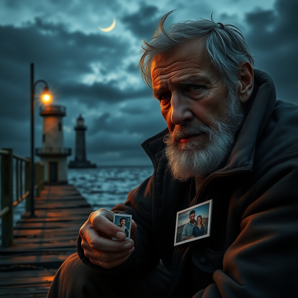 AI generated art for prompt: In a hyper-realistic digital art style, capture an emotional scene of a weathered fisherman sitting 