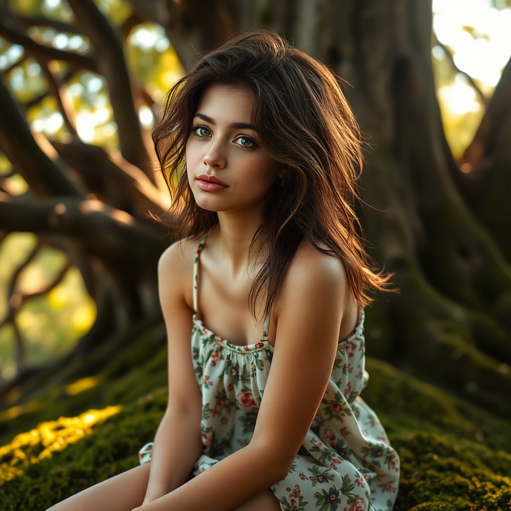 AI generated art for prompt: A photorealistic portrait photo captures a young Latin American woman with gentle green eyes and tou