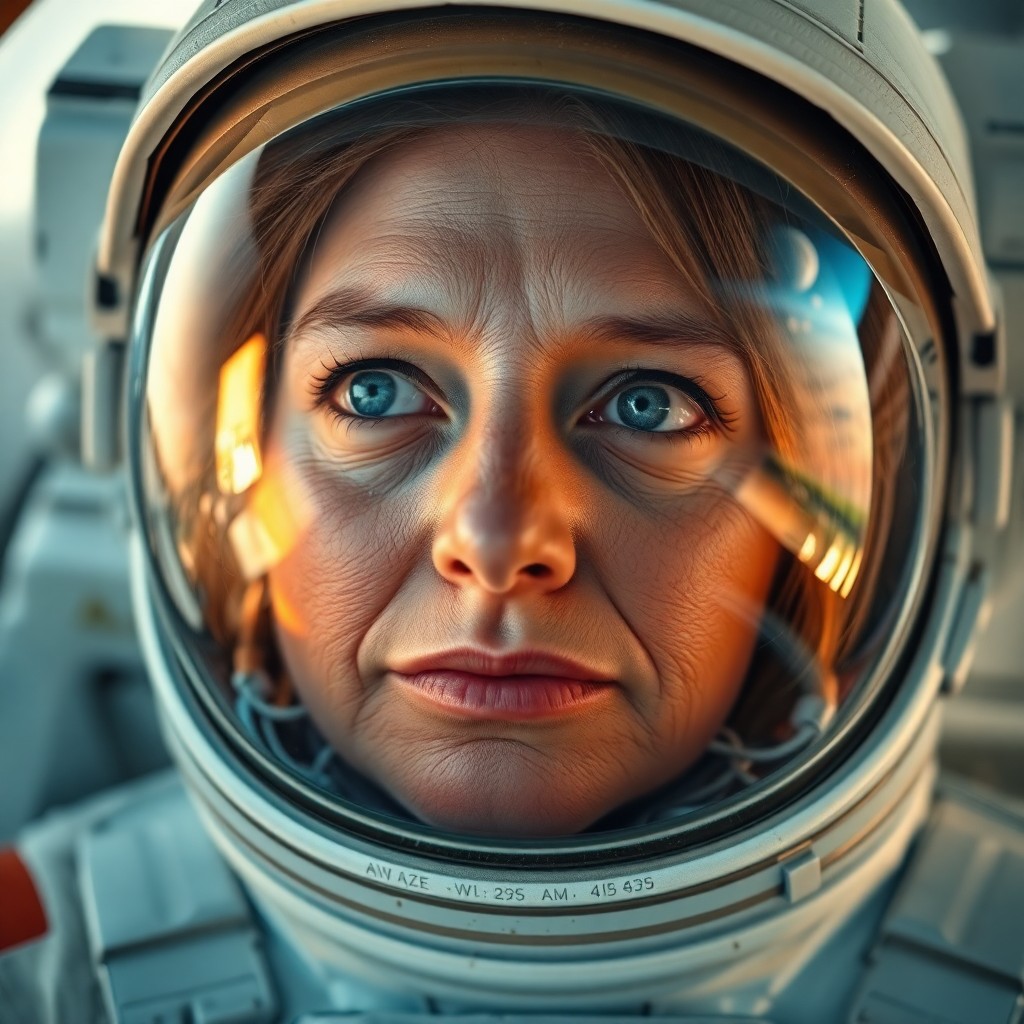 AI generated art for prompt: Craft a captivating portrait photo of a seasoned astronaut with worn features using a DSLR camera. I