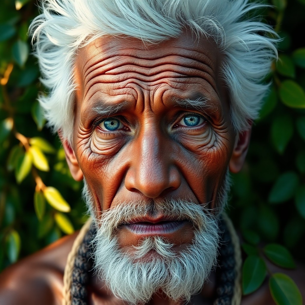 AI generated art for prompt: Craft an ultrarealistic portrait of a weathered Polynesian elder with deep wrinkles, depicting a lif