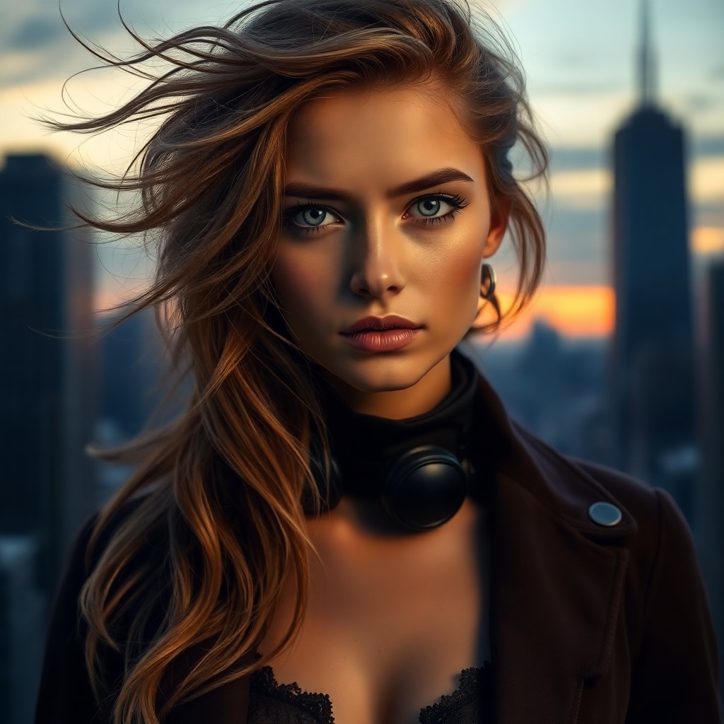 AI generated art for prompt: A super-realistic portrait showcases a young Slavic woman with long, windswept wavy hair and piercin