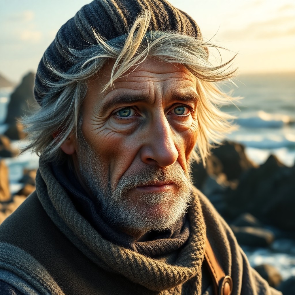 AI generated art for prompt: Craft a photorealistic portrait of an aged fisherman with weathered skin, sea-green eyes, and unruly