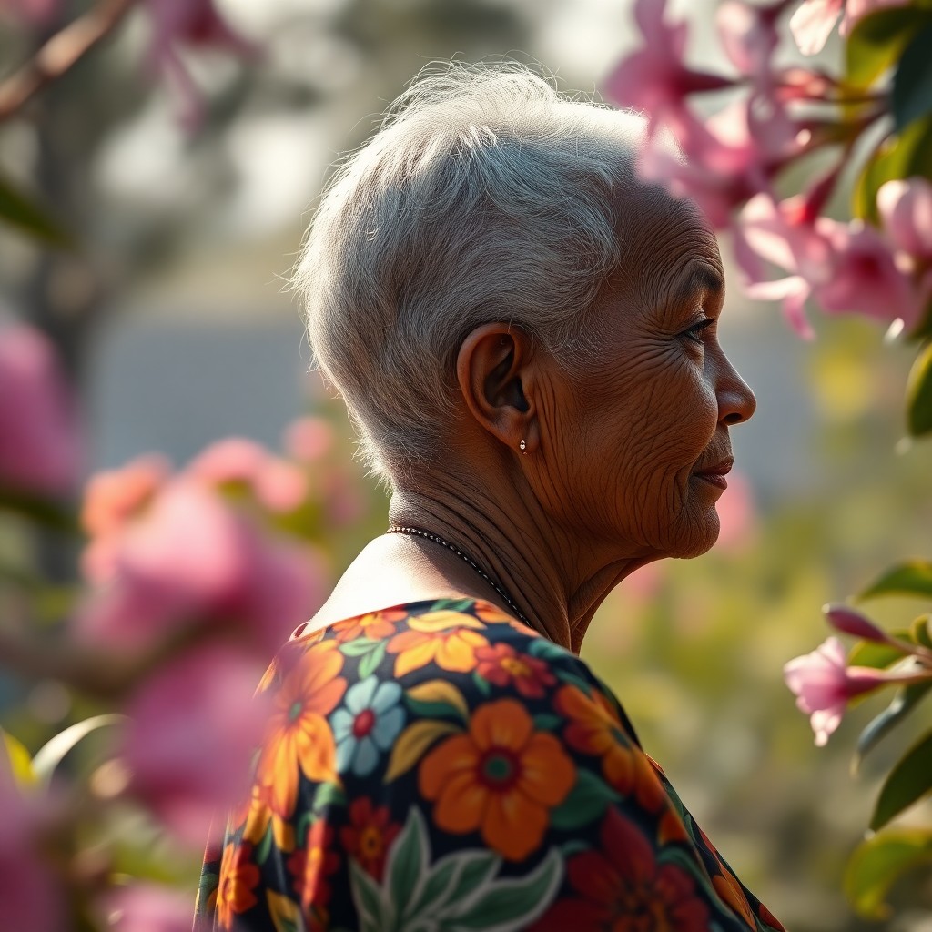 AI generated art for prompt: Visualize a serene Sub-Saharan African elder in a tranquil garden setting, her side profile captured