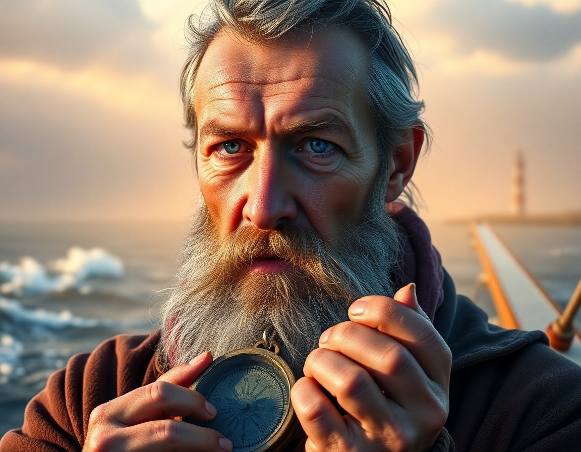 AI generated art for prompt: Create a photorealistic portrait of a seasoned sea captain with distant blue eyes, weathered skin, a