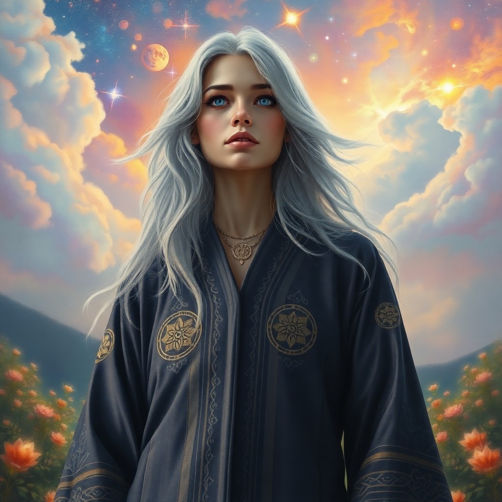 AI generated art for prompt: Craft a photorealistic oil painting portrait of an enigmatic mystic with hazy blue eyes and flowing 