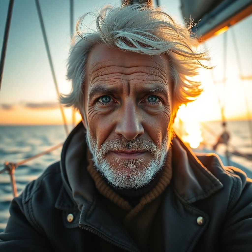 AI generated art for prompt: Serene portrait of an experienced ocean sailor with weathered skin, blue eyes filled with wistfulnes