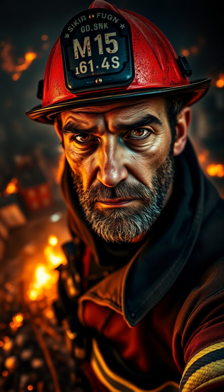 AI generated art for prompt: A striking portrait photograph captures the intense gaze of a seasoned firefighter, his rugged face 