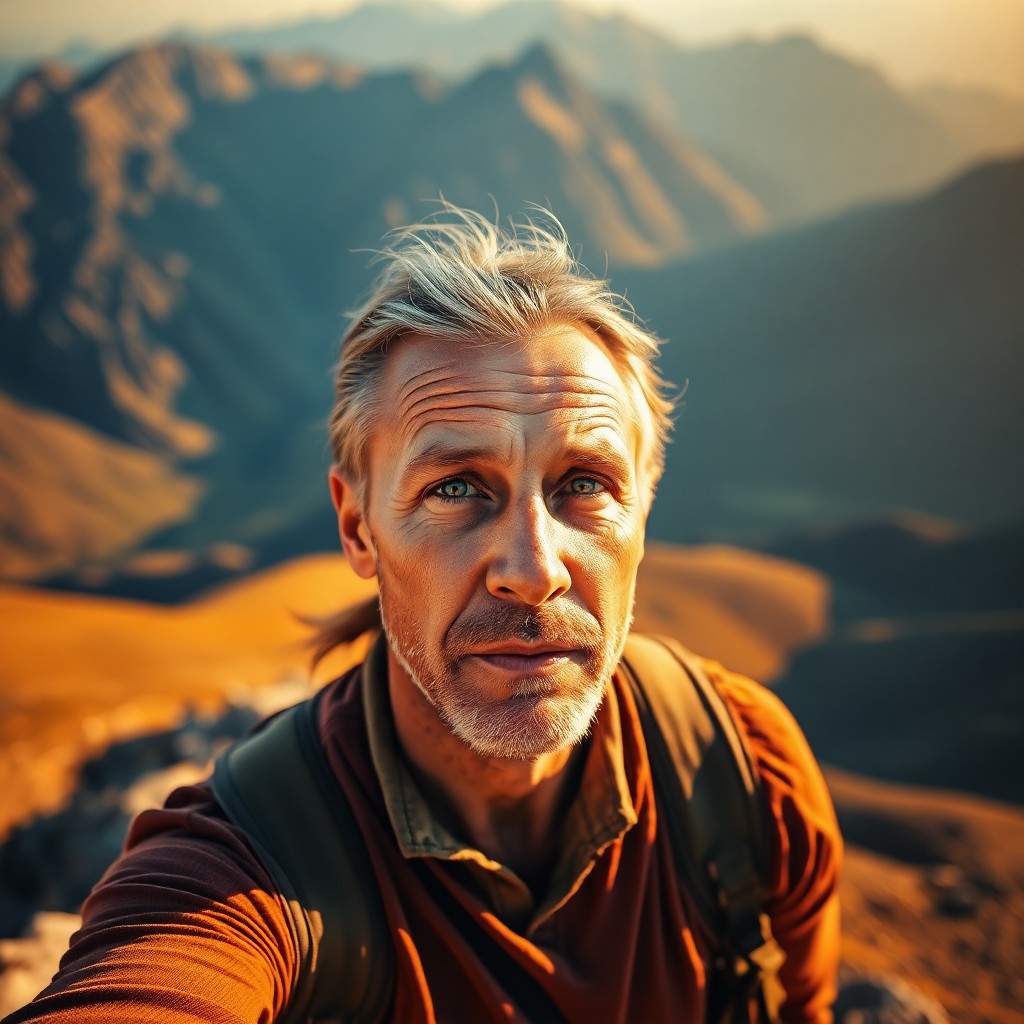 AI generated art for prompt: A photorealistic portrait photograph of a rugged middle-aged outdoorsman with sun-kissed skin, gentl