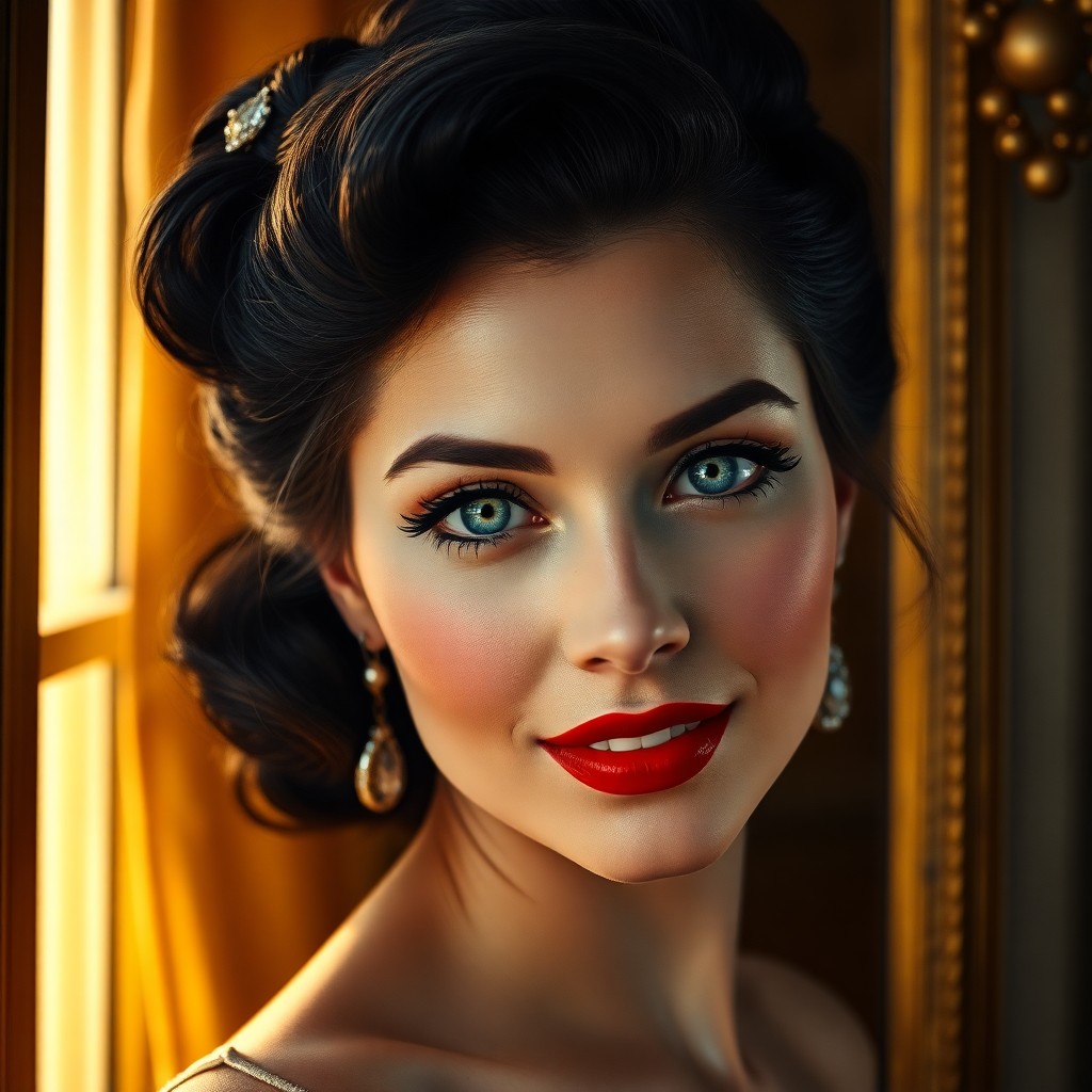 AI generated art for prompt: Craft a vintage Hollywood glamour portrait of a mysterious Caucasian woman with clouded blue eyes an