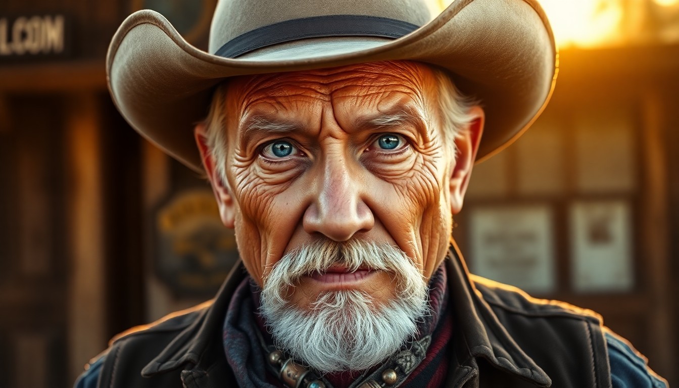 AI generated art for prompt: Create a hyperrealistic portrait of a wrinkled cowboy with rugged features and wistful blue eyes, fr