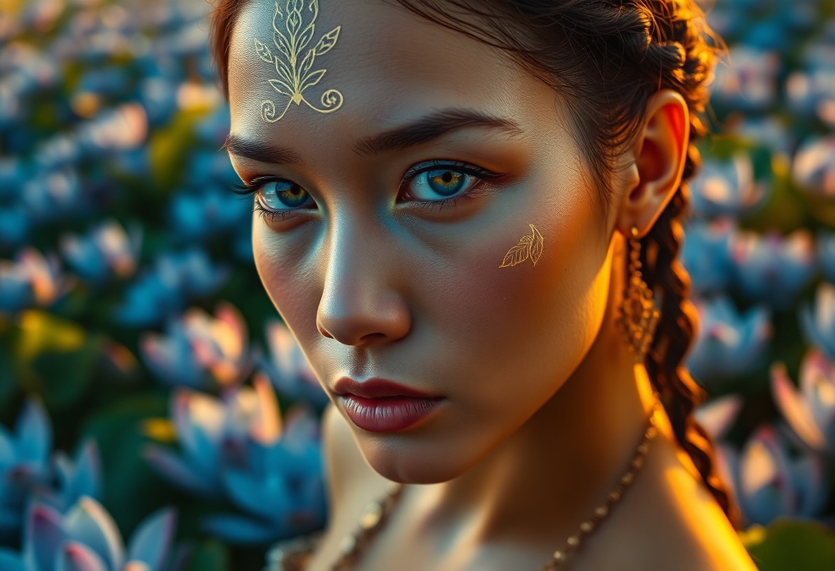 AI generated art for prompt: A highly detailed portrait of an enigmatic Micronesian woman with porcelain skin and vibrant green e