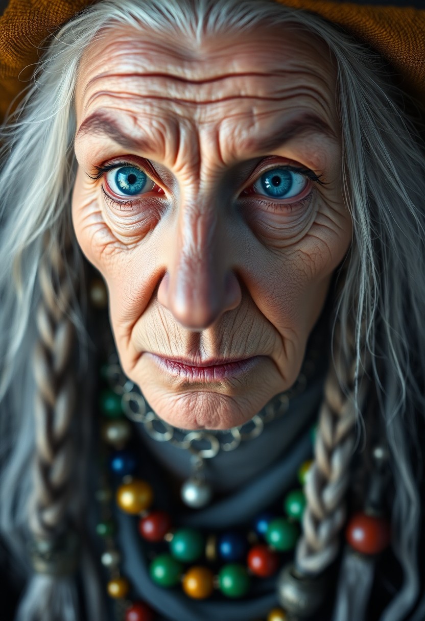 AI generated art for prompt: Create a photorealistic portrait of an older witch, captured with a smartphone camera. Imagine her w