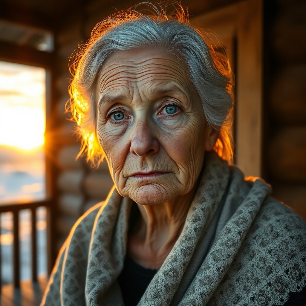 AI generated art for prompt: A hyperrealistic portrait depicts an elderly Inuit woman's pensive gaze, her tranquil blue eyes set 