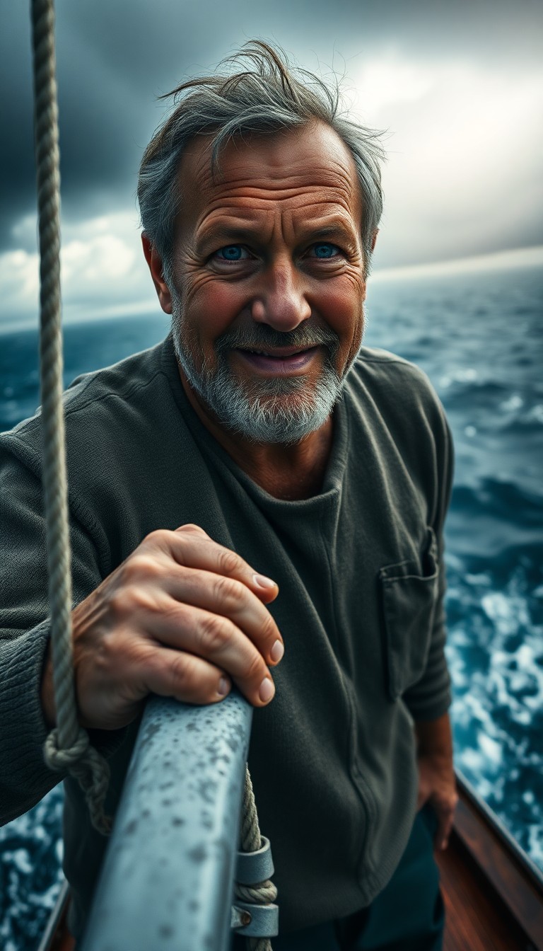 AI generated art for prompt: Create a portrait of a rugged 60-year-old man with smiling blue eyes and a face weathered by the sea