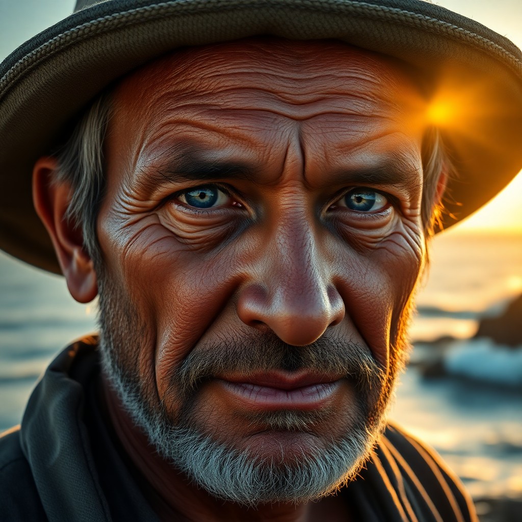 AI generated art for prompt: Craft a photorealistic portrait showcasing a rugged fisherman with a weathered visage and shy blue e