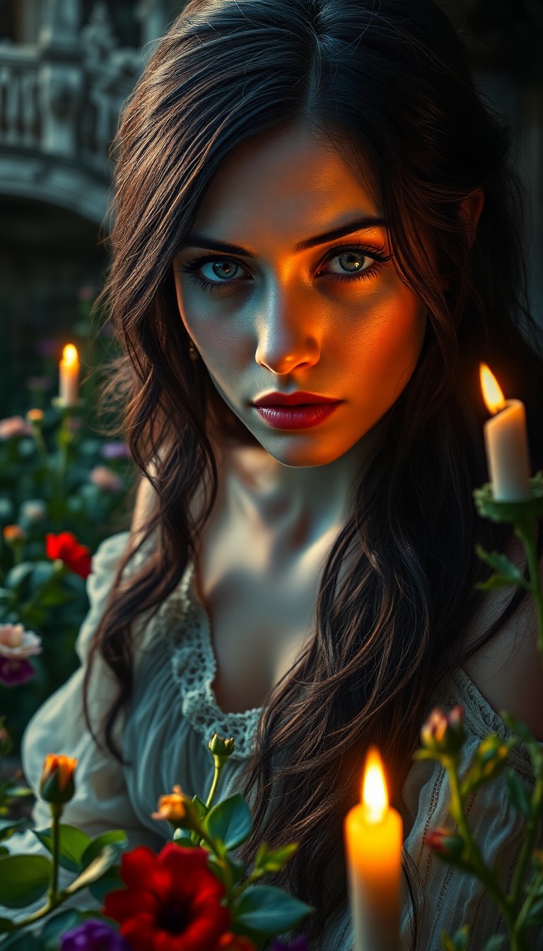 AI generated art for prompt: A captivating portrait captures the essence of a mysterious Southern European woman. Her deep sapphi