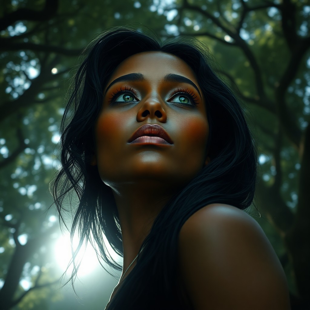 AI generated art for prompt: Envision a hyperrealistic portrait of an enchanting Melanesian woman with kind green eyes and porcel