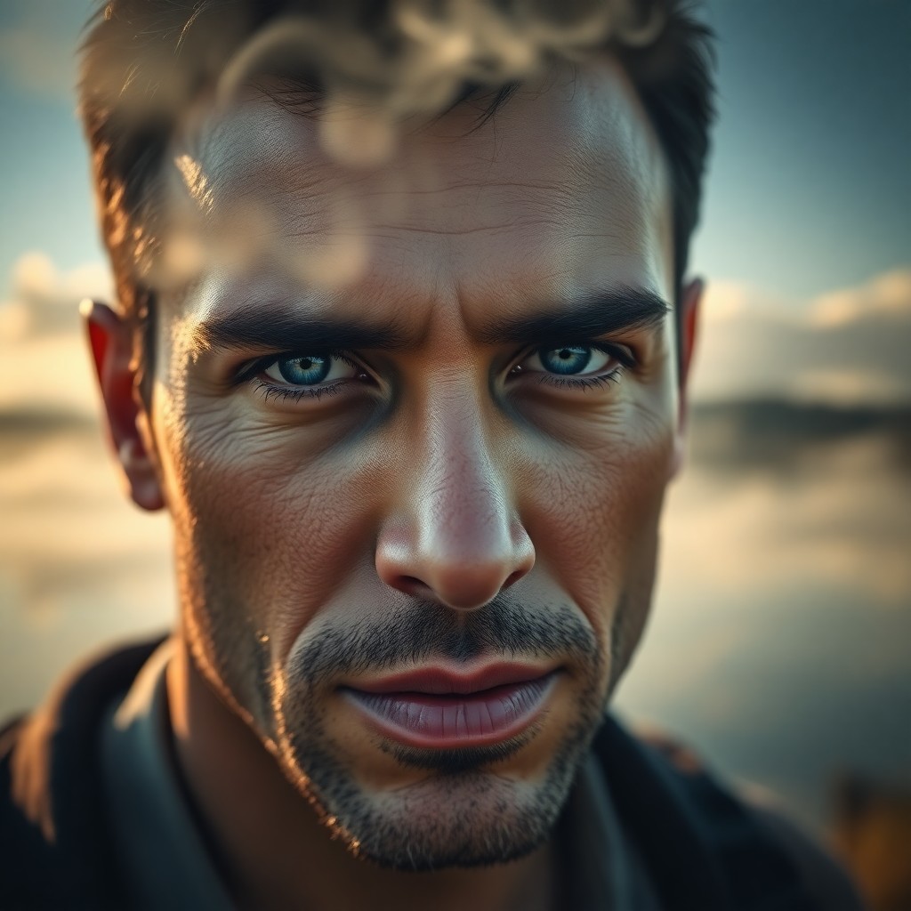 AI generated art for prompt: A close-up portrait of a charismatic Hispanic man with rugged features and misty blue eyes captures 