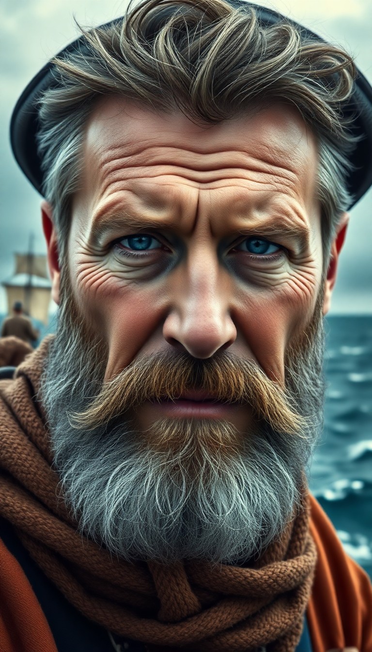 AI generated art for prompt: A hyperrealistic portrait emerges of a sea captain, his rugged features and tranquil blue eyes set a