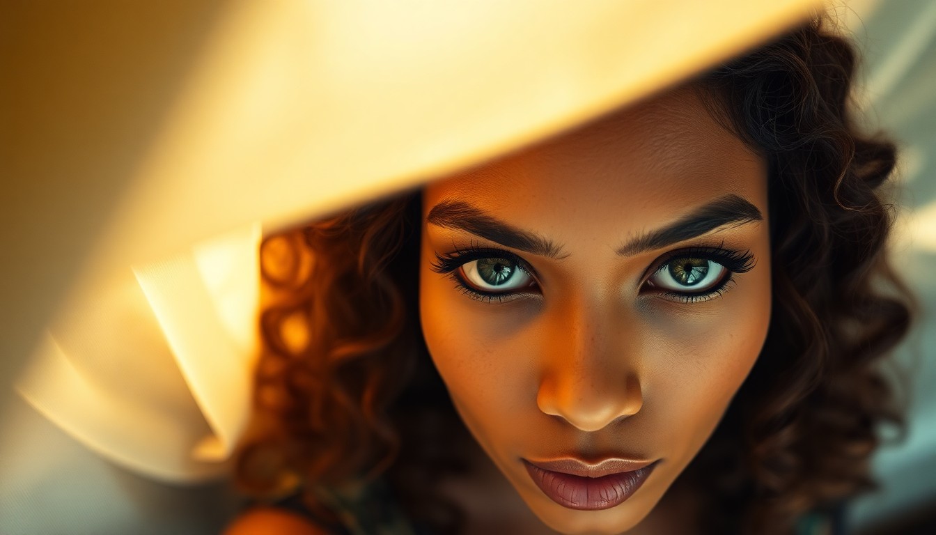 AI generated art for prompt: A captivating portrait photograph captures the enigmatic gaze of a Caribbean woman with deep green e