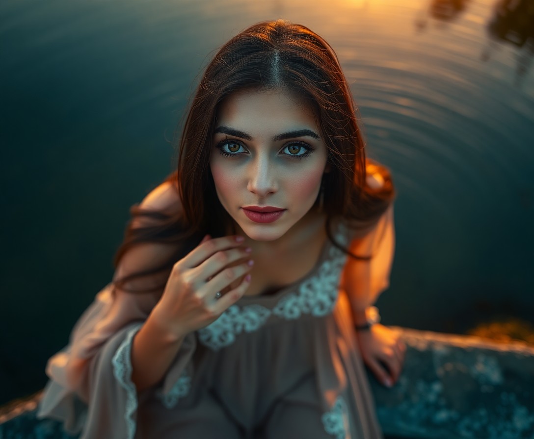 AI generated art for prompt: In the soft glow of twilight, a young Middle Eastern woman sits serenely beside a tranquil pond, her