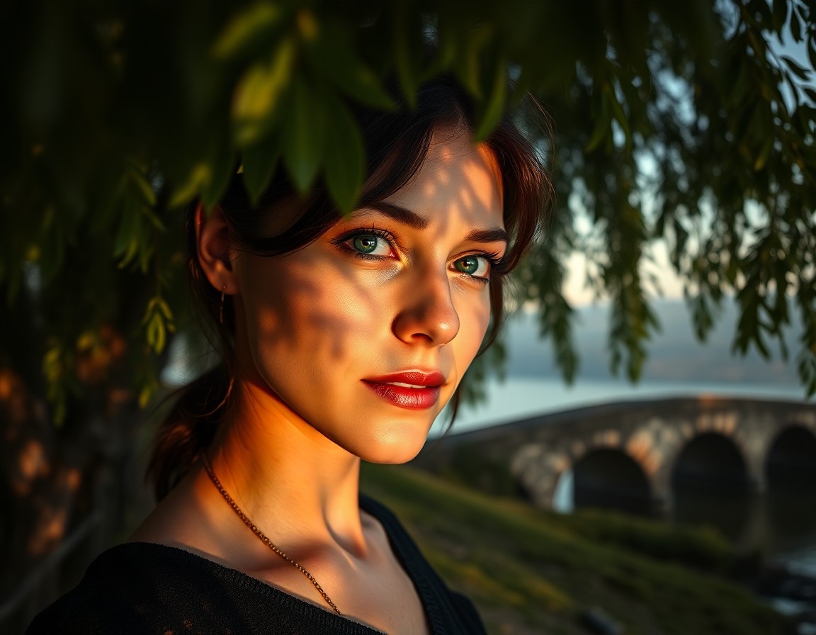 AI generated art for prompt: A young Western European woman with piercing emerald eyes stands in the shadow of an ancient willow,