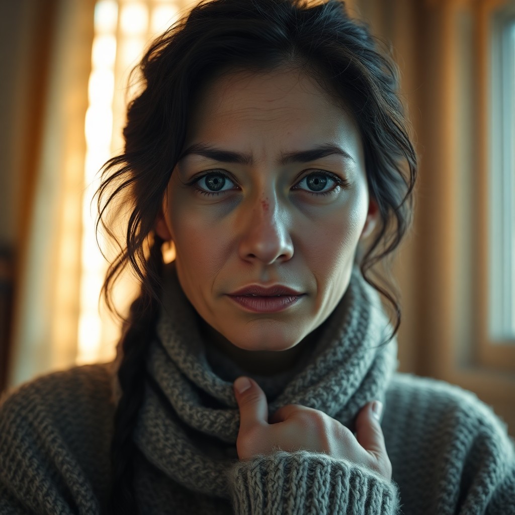 AI generated art for prompt: Craft a photorealistic portrait of an enigmatic Inuit woman with unfocused blue eyes and captivating