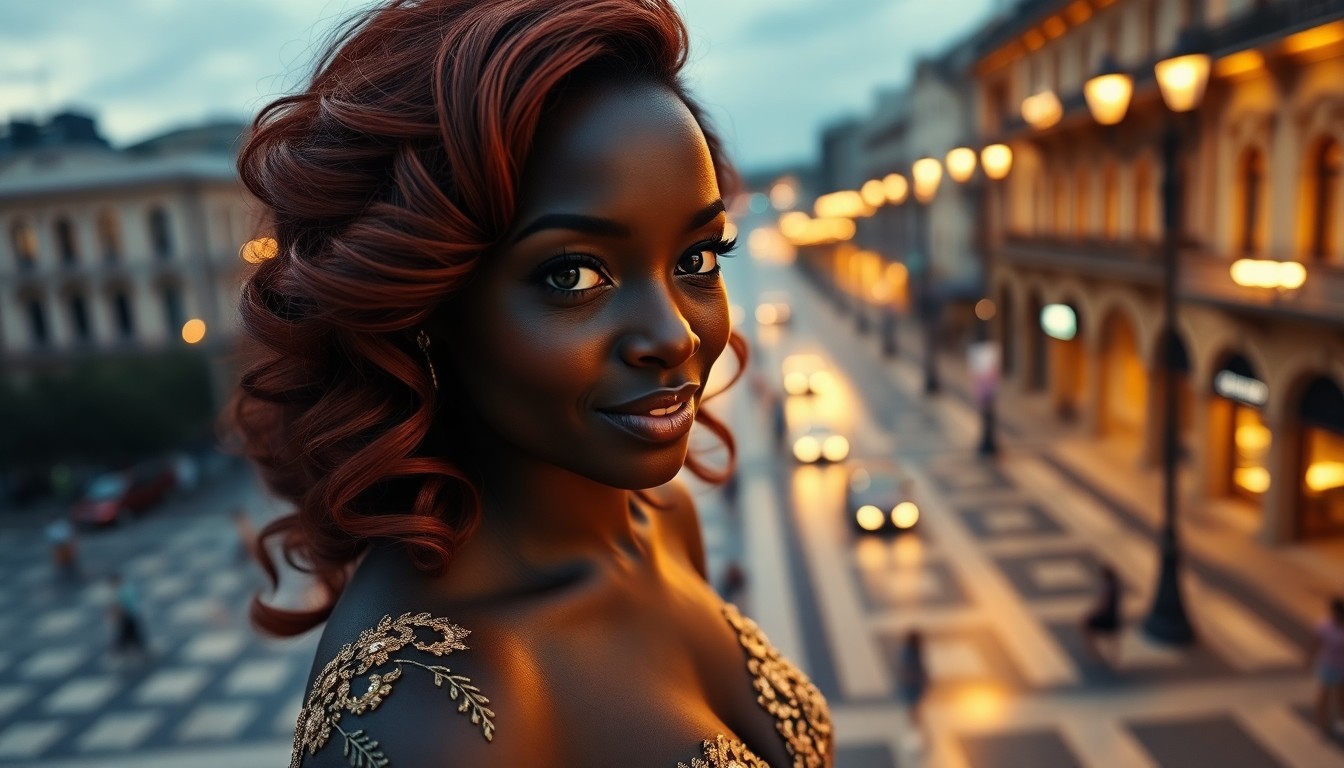 AI generated art for prompt: A portrait photo, taken with a smartphone, captures an enigmatic African woman with striking auburn 