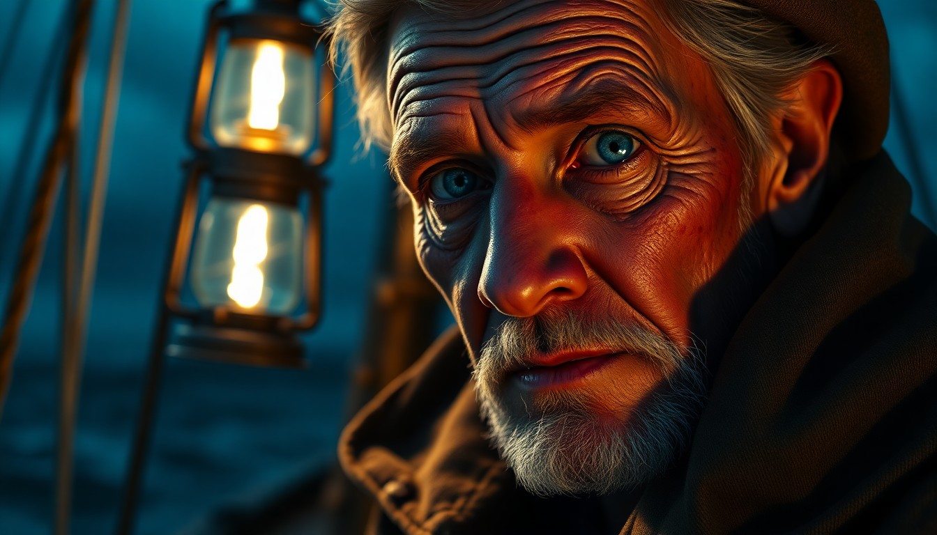 AI generated art for prompt: A striking portrait of an old sailor, his soft blue eyes and rugged features illuminated by the warm