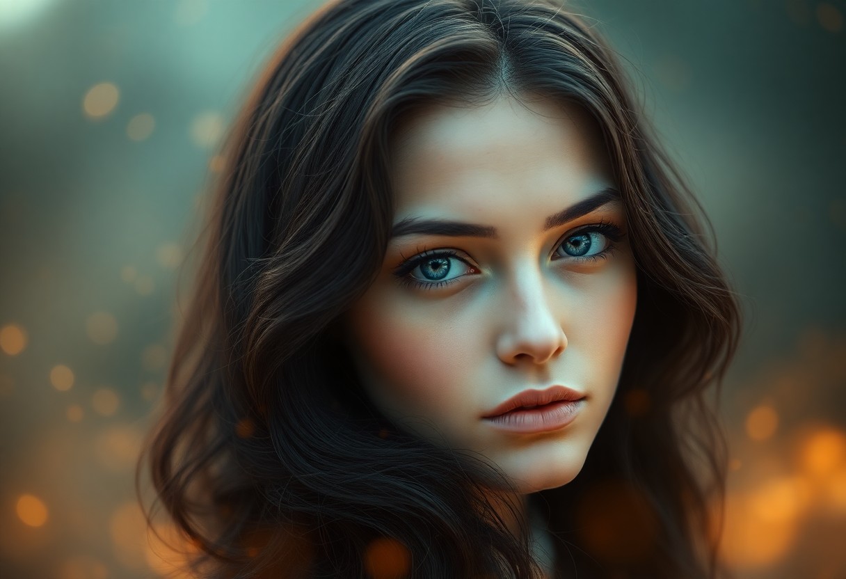 AI generated art for prompt: A captivating portrait emerges of a mysterious Western European woman. Her piercing sapphire eyes an